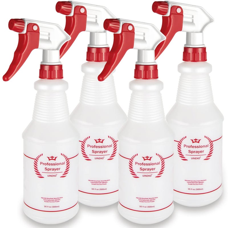 Uineko Plastic Spray Bottle (4 Pack, 16 Oz, All-Purpose) Heavy Duty Spraying Bottles Leak Proof Mist Empty Water Bottle for Cleaning Solution Planting Pet with Adjustable Nozzle and Measurements - Image 1